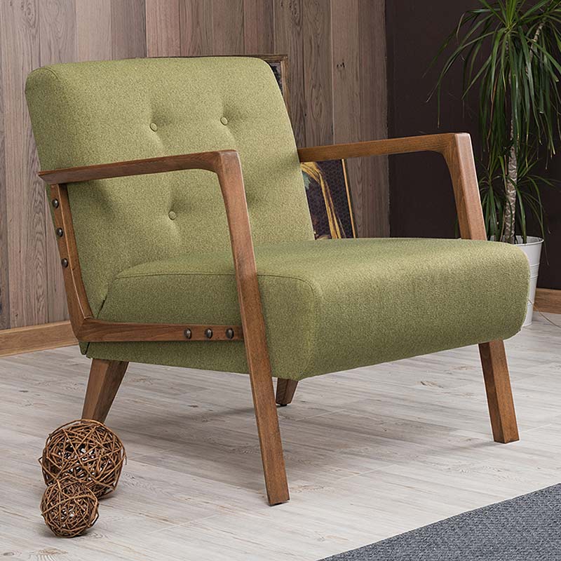 BUCKINGHAM Green Armchair with natural beech wood legs, featuring a stylish green-brown fabric upholstery.