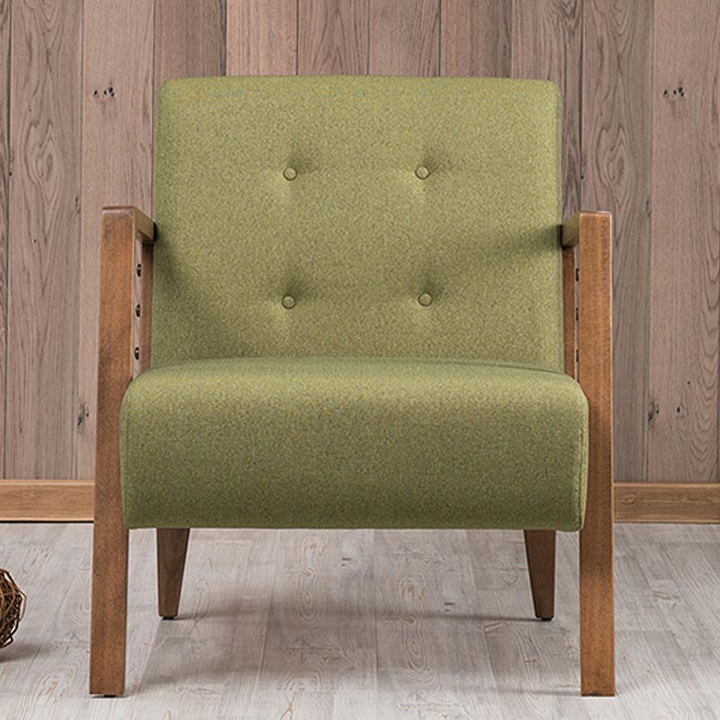 BUCKINGHAM Green Armchair with natural beech wood legs, featuring a stylish green-brown fabric upholstery.