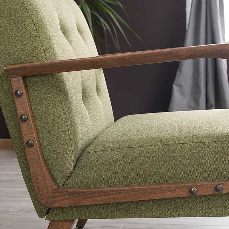 BUCKINGHAM Green Armchair with natural beech wood legs, featuring a stylish green-brown fabric upholstery.