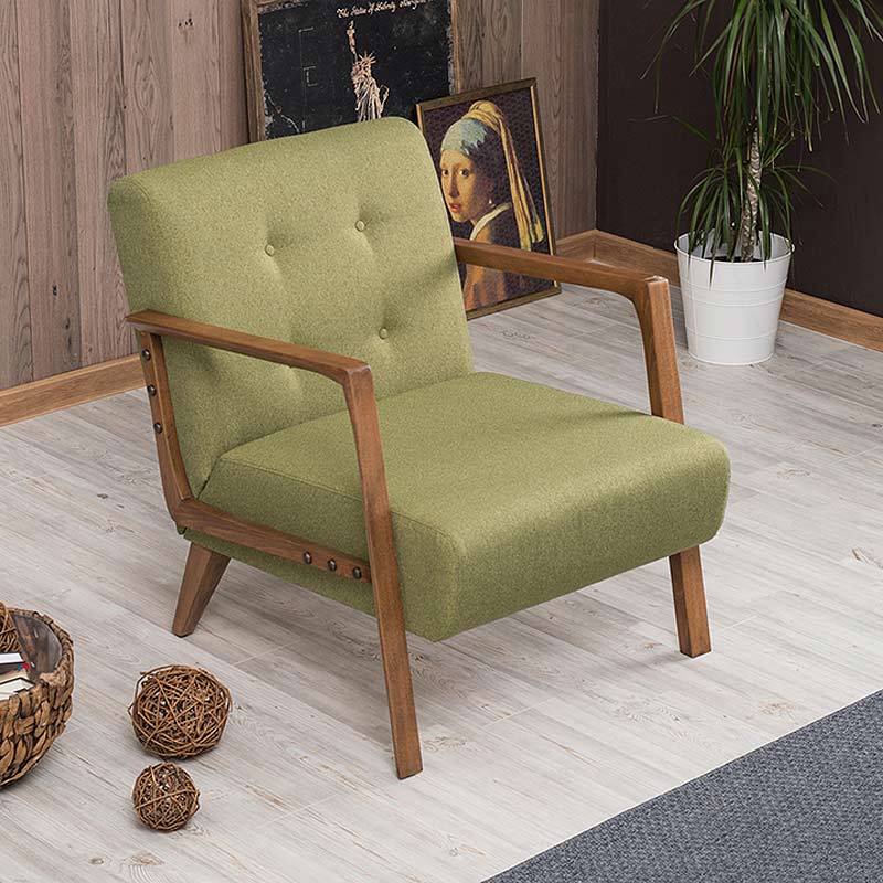 BUCKINGHAM Green Armchair with natural beech wood legs, featuring a stylish green-brown fabric upholstery.