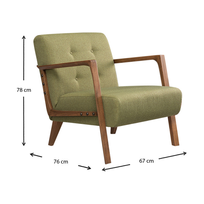 BUCKINGHAM Green Armchair with natural beech wood legs, featuring a stylish green-brown fabric upholstery.