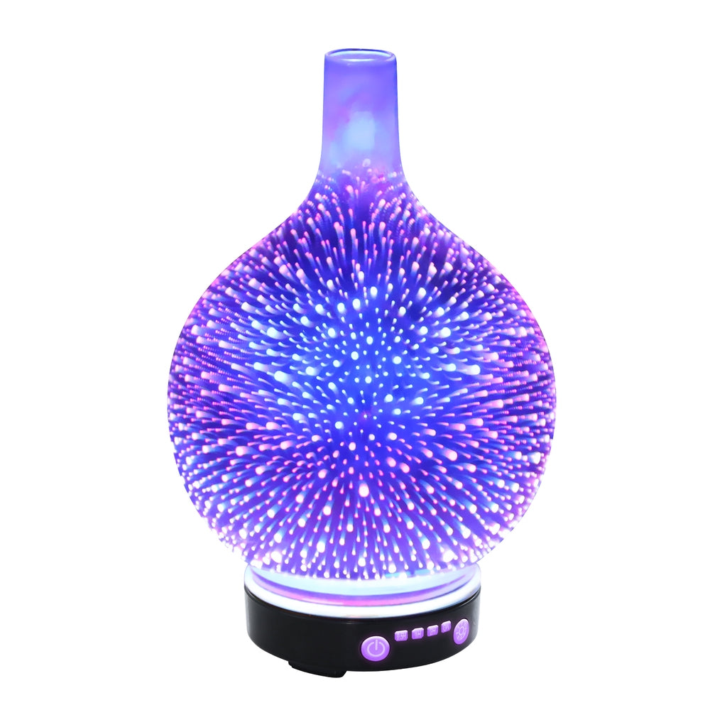 Aroma Diffuser 3D LED Light with colorful mist and fireworks effect, showcasing its sleek design and functionality.