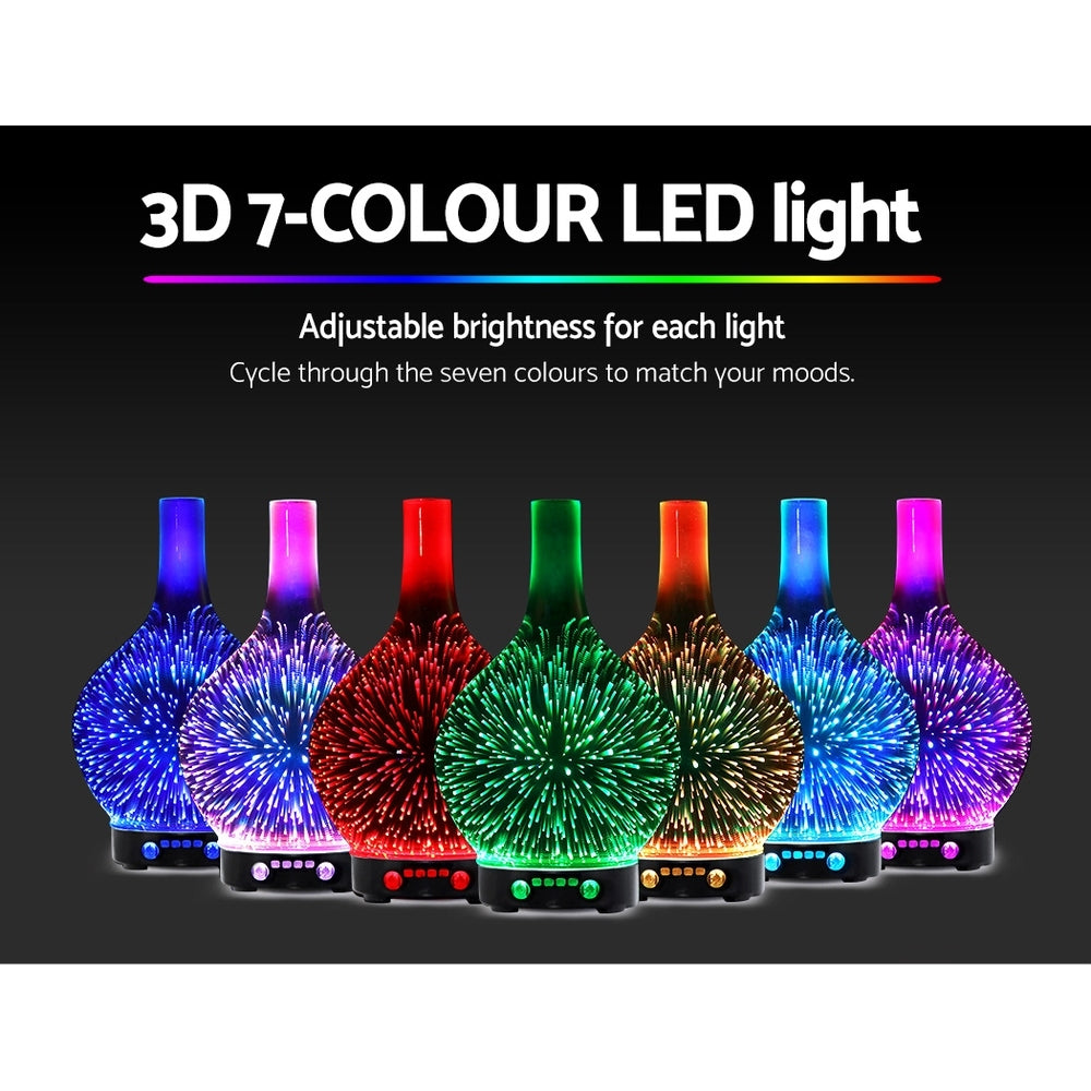 Aroma Diffuser 3D LED Light with colorful mist and fireworks effect, showcasing its sleek design and functionality.