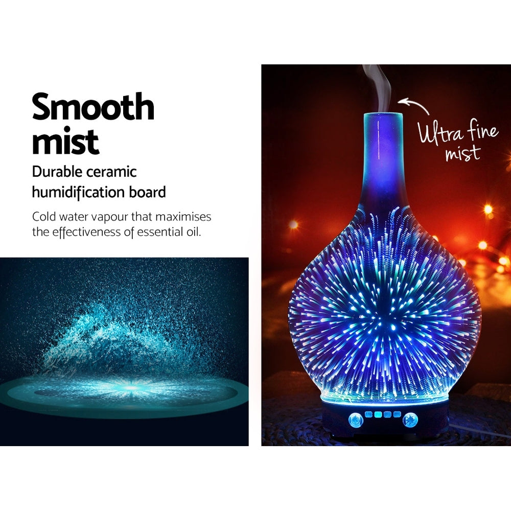 Aroma Diffuser 3D LED Light with colorful mist and fireworks effect, showcasing its sleek design and functionality.