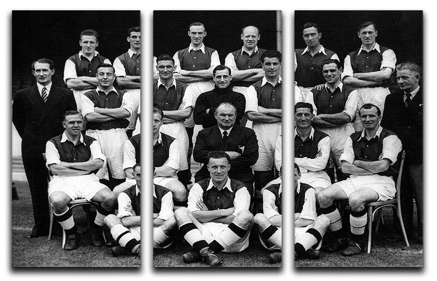Arsenal Football Club 1948 team photo displayed on a 3-panel canvas print, showcasing vibrant colors and detailed imagery.