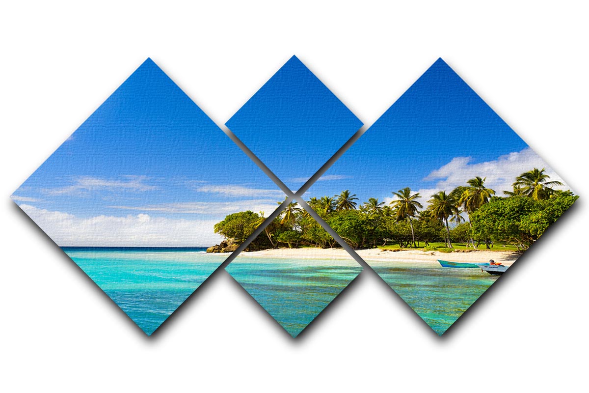 A beautiful 4-panel canvas artwork depicting a Caribbean beach with a fishing boat, showcasing vibrant colors and serene scenery.