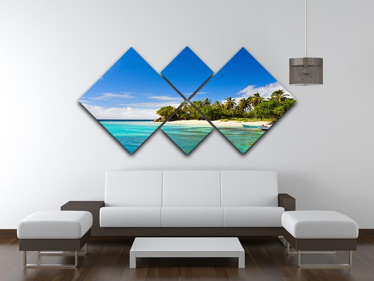 A beautiful 4-panel canvas artwork depicting a Caribbean beach with a fishing boat, showcasing vibrant colors and serene scenery.