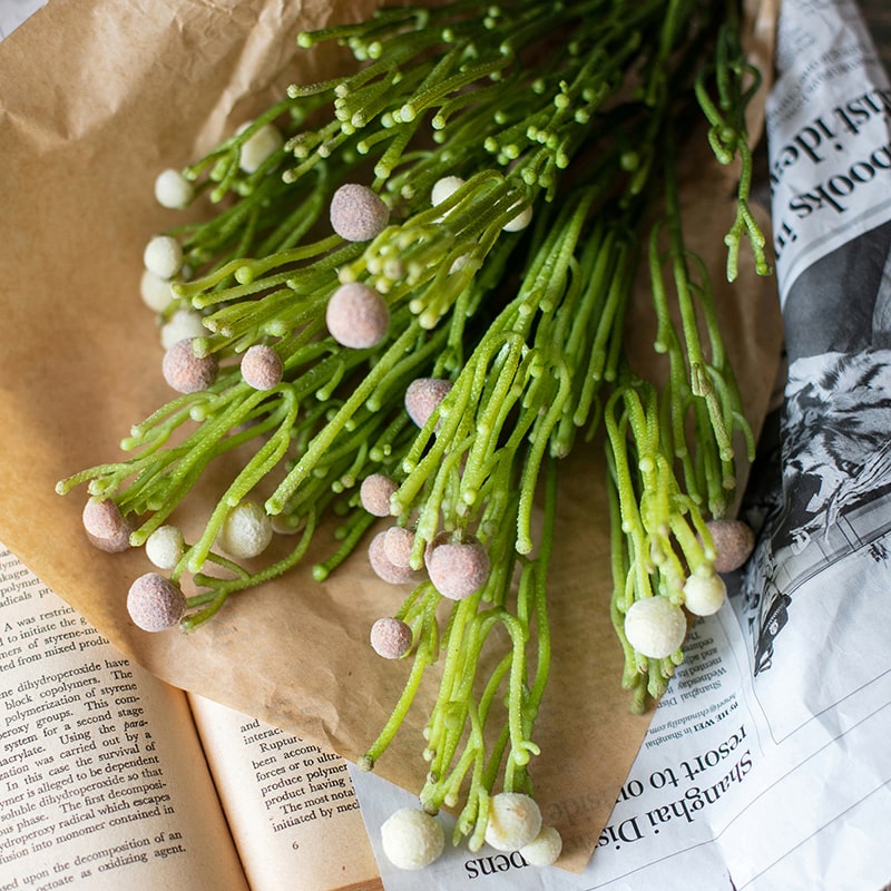 24-inch tall Artificial Berzelia Fruit Stem in pale red and green colors, showcasing realistic details and vibrant foliage.