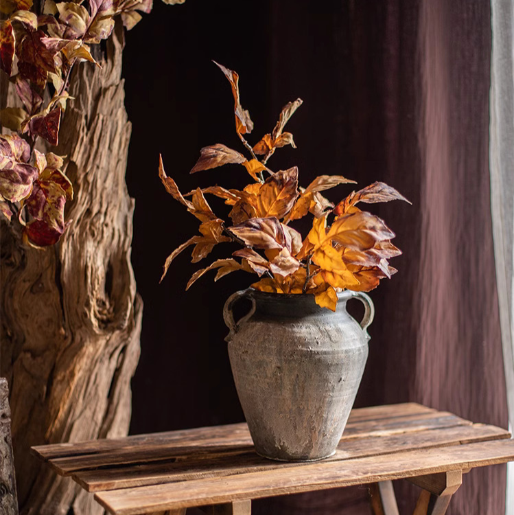 33-inch tall artificial dyed dry leaf stem in purple and light brown, made from plastic and silk cloth, perfect for home decor.