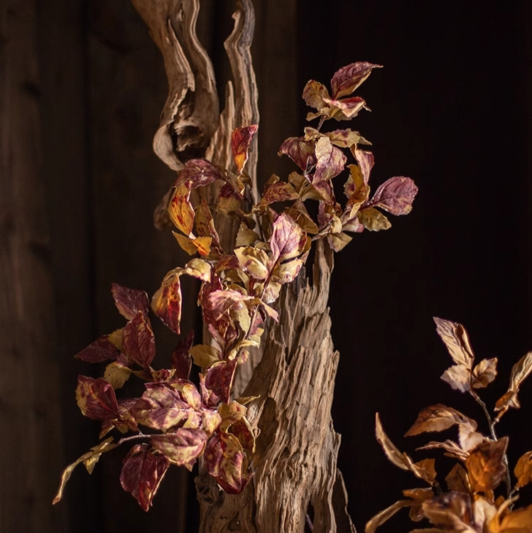 33-inch tall artificial dyed dry leaf stem in purple and light brown, made from plastic and silk cloth, perfect for home decor.