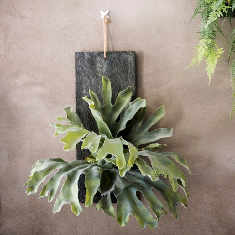 Artificial Faux Fern Madagascar Staghorn mounted on a wooden board, showcasing vibrant green fronds and a rustic brown background.