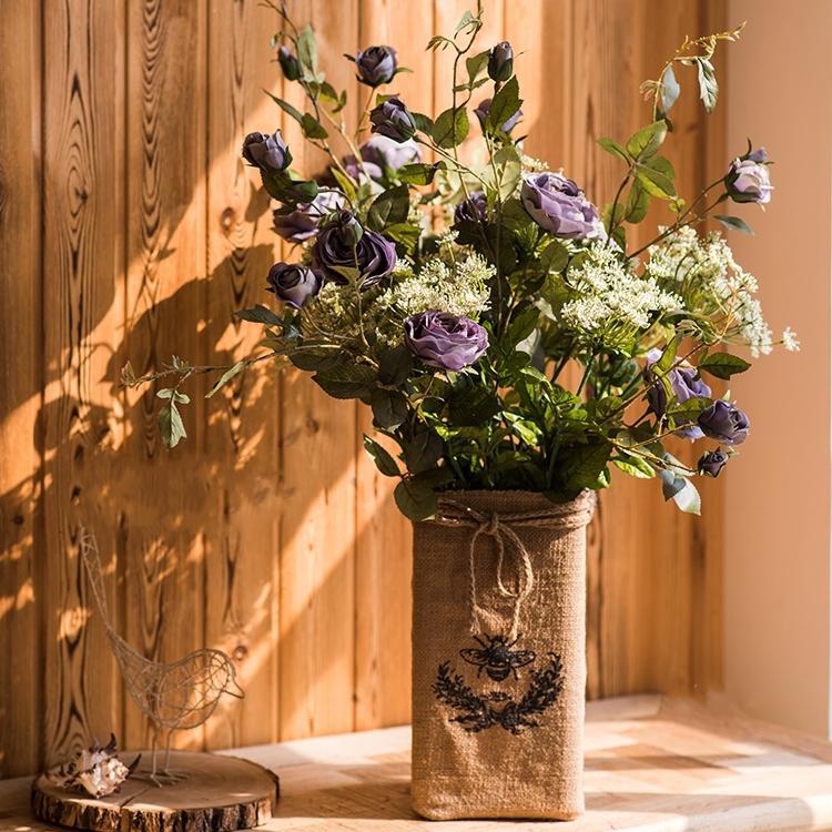 Artificial Purple Silk Rose Flower Stem with 6 blooms and 3 buds, showcasing vibrant colors and realistic design, perfect for home decor.