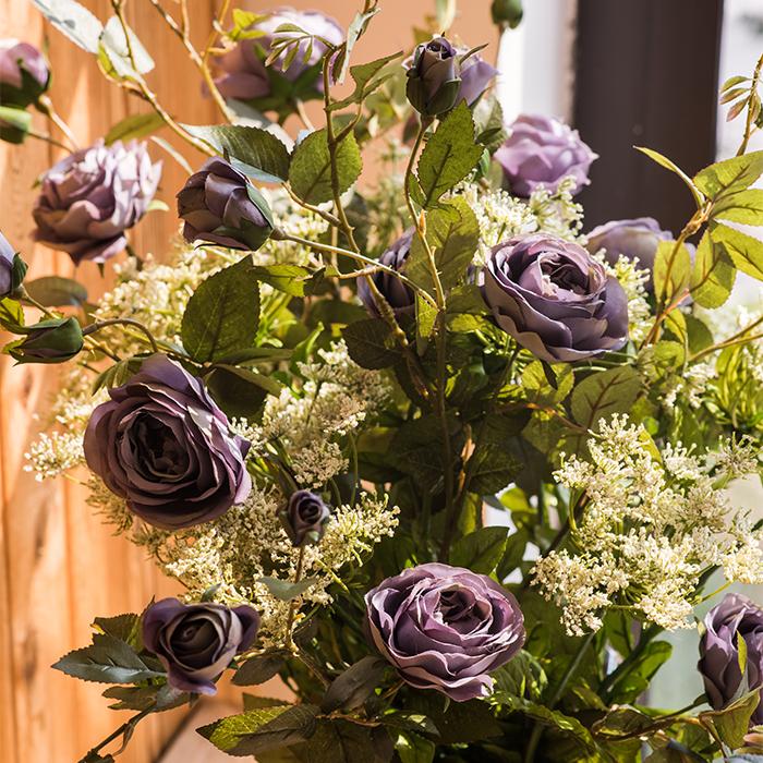 Artificial Purple Silk Rose Flower Stem with 6 blooms and 3 buds, showcasing vibrant colors and realistic design, perfect for home decor.