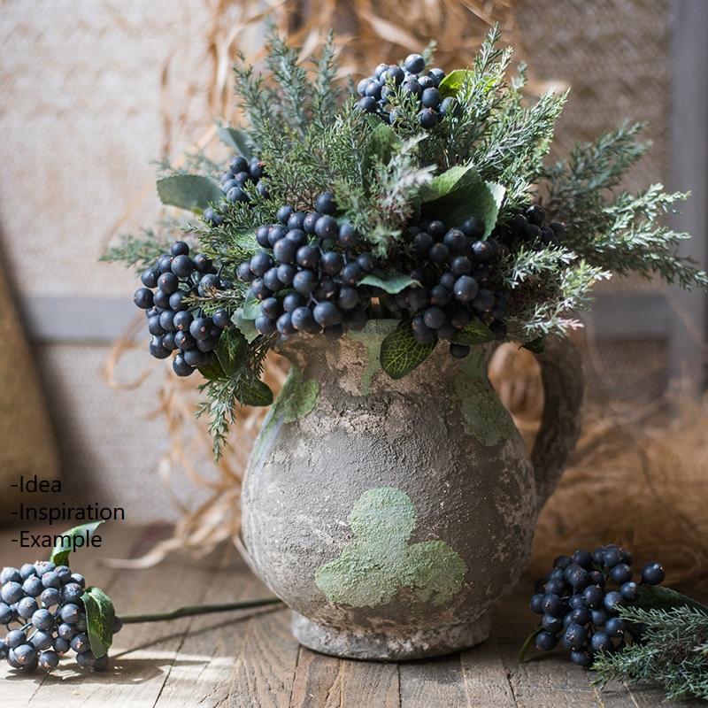 A realistic 11-inch tall artificial black berry bunch with five berry stems, featuring vibrant black, blue, and green colors, perfect for home decor.