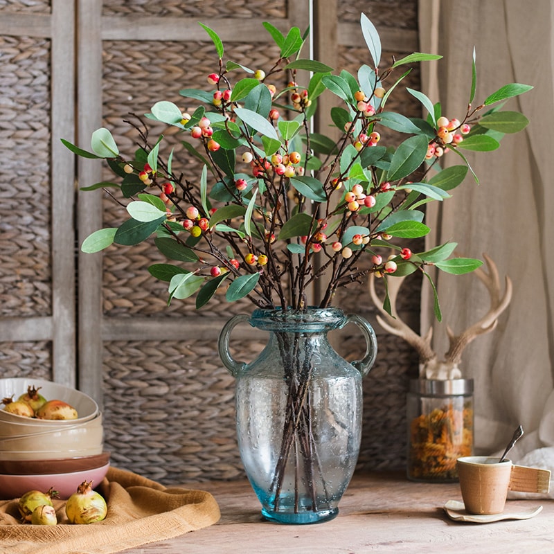 28-inch tall artificial fruit snow berry leaf stem with red berries and green leaves, perfect for home decor.
