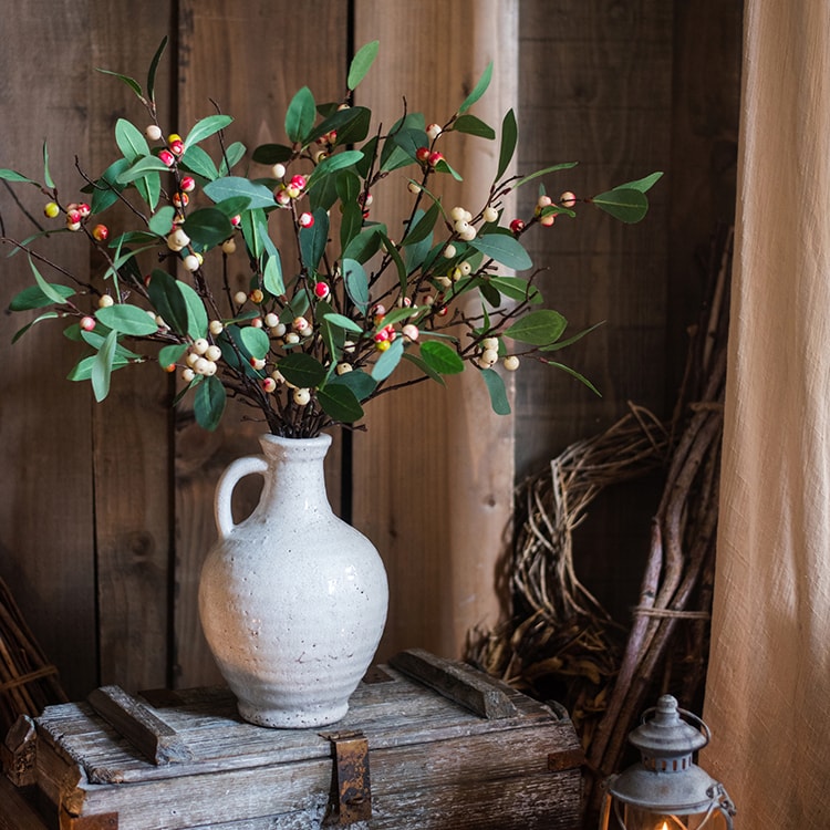 28-inch tall artificial fruit snow berry leaf stem with red berries and green leaves, perfect for home decor.