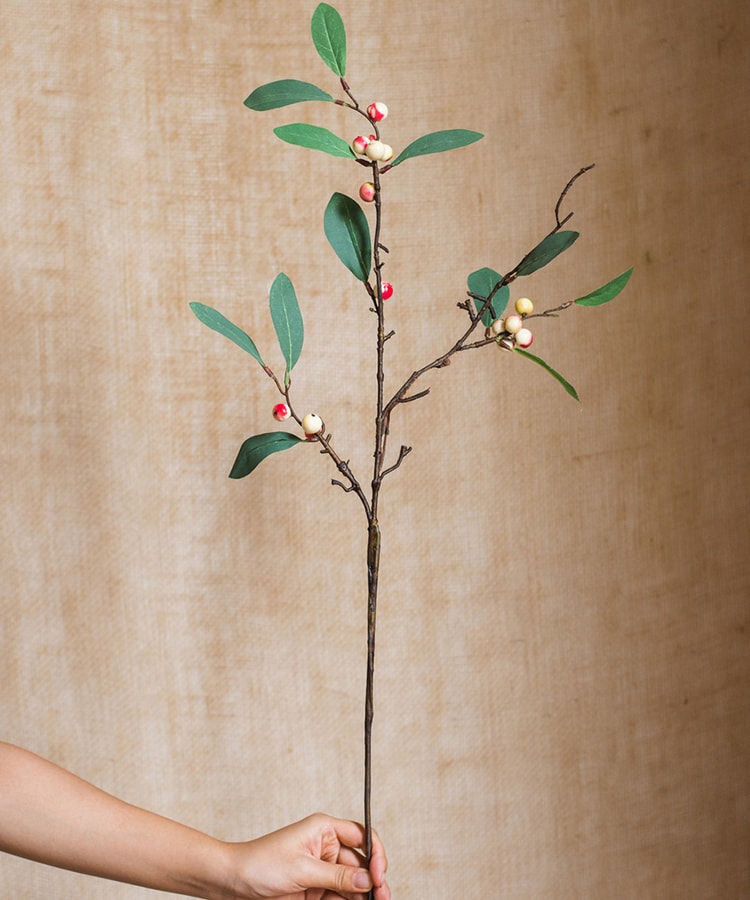 28-inch tall artificial fruit snow berry leaf stem with red berries and green leaves, perfect for home decor.