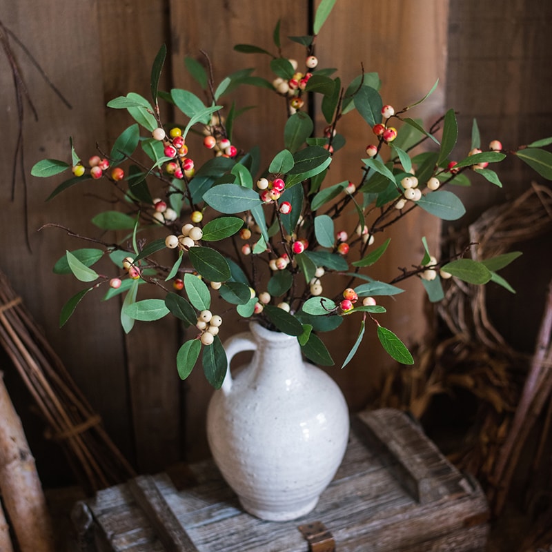 28-inch tall artificial fruit snow berry leaf stem with red berries and green leaves, perfect for home decor.