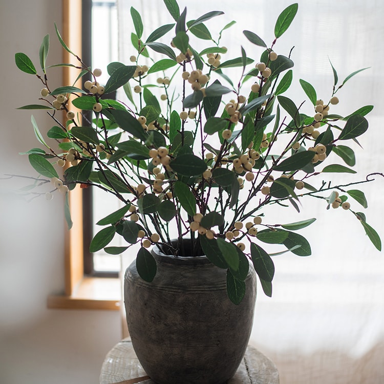 28-inch tall artificial fruit snow berry leaf stem with red berries and green leaves, perfect for home decor.