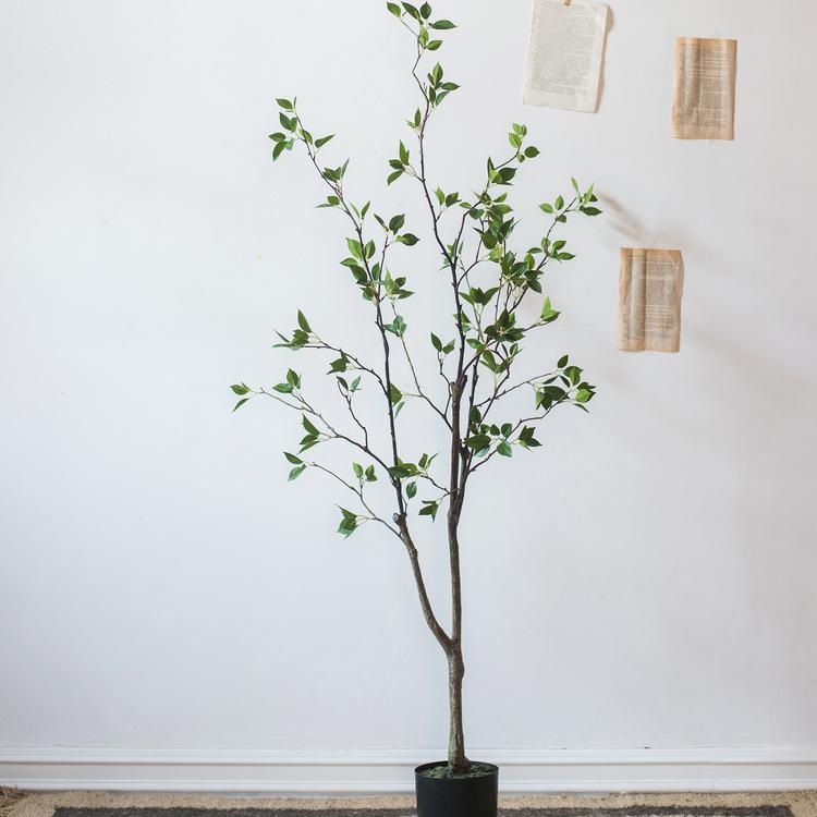 Artificial Green Leaf Faux Tree in a stylish black pot, showcasing realistic green leaves and a lifelike appearance.