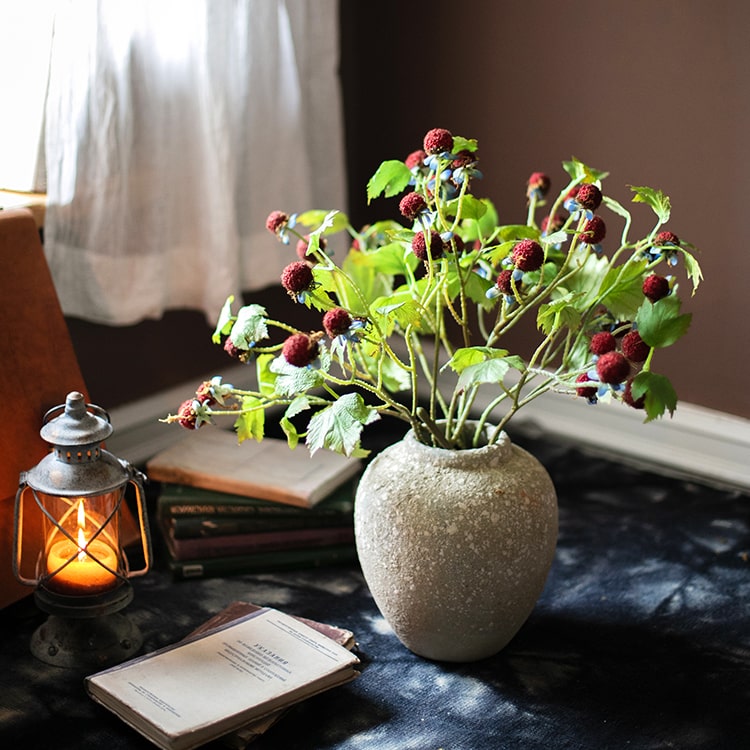 27-inch tall artificial plane plant fruit stem with vibrant green and red colors, designed for home and office decor.