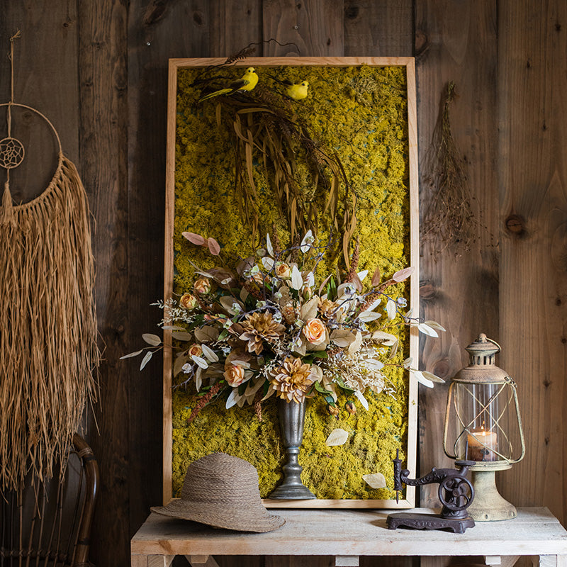Large 3D framed wall art featuring vibrant artificial flowers in a golden bird vase, showcasing intricate details and colors.