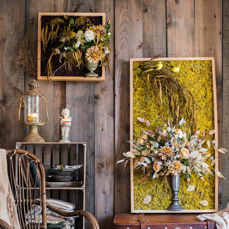 Large 3D framed wall art featuring vibrant artificial flowers in a golden bird vase, showcasing intricate details and colors.