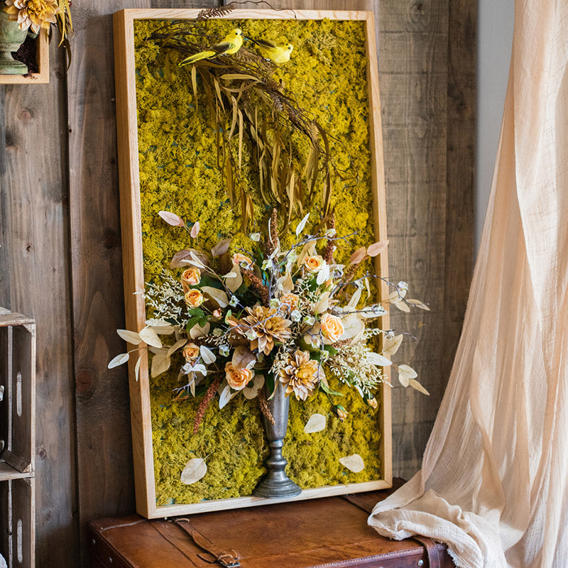 Large 3D framed wall art featuring vibrant artificial flowers in a golden bird vase, showcasing intricate details and colors.