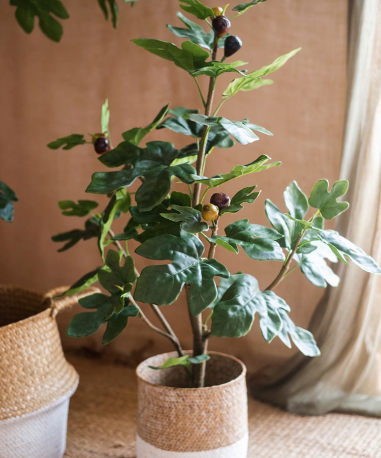 A realistic artificial silk fig tree in a decorative pot, showcasing vibrant green leaves and a lifelike appearance.