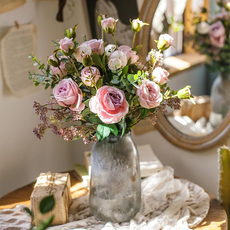 Artificial Silk Lady Pink Rose Leaf Bouquet, featuring pink roses and greenery, elegantly arranged in a 16-inch tall bouquet.