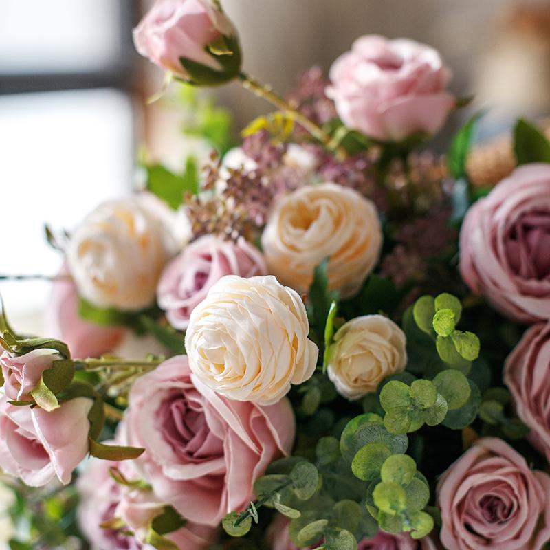 Artificial Silk Lady Pink Rose Leaf Bouquet, featuring pink roses and greenery, elegantly arranged in a 16-inch tall bouquet.