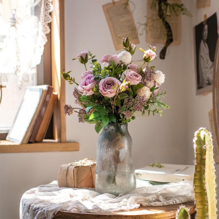 Artificial Silk Lady Pink Rose Leaf Bouquet, featuring pink roses and greenery, elegantly arranged in a 16-inch tall bouquet.