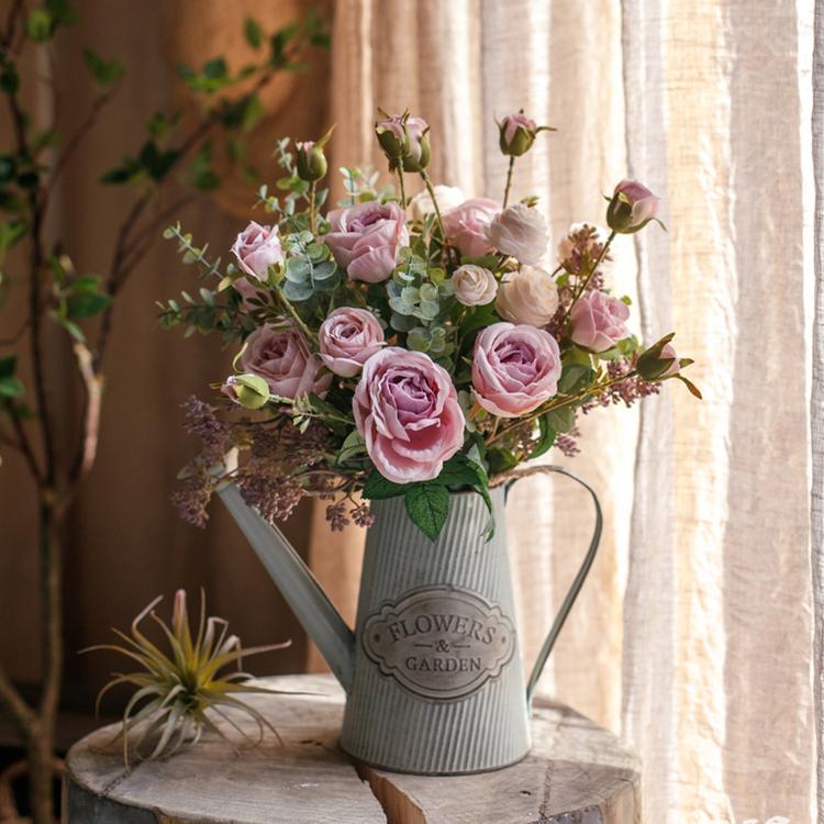 Artificial Silk Lady Pink Rose Leaf Bouquet, featuring pink roses and greenery, elegantly arranged in a 16-inch tall bouquet.