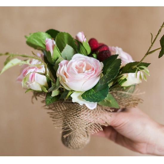 A beautiful 7-inch tall artificial silk raspberry rose bouquet featuring pink roses and raspberry accents, perfect for romantic decor.