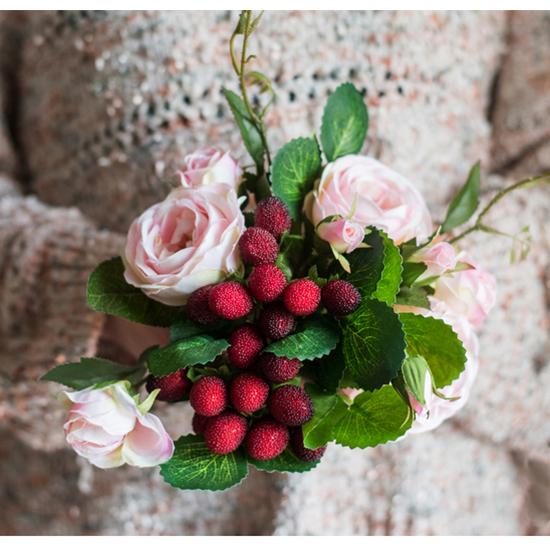 A beautiful 7-inch tall artificial silk raspberry rose bouquet featuring pink roses and raspberry accents, perfect for romantic decor.