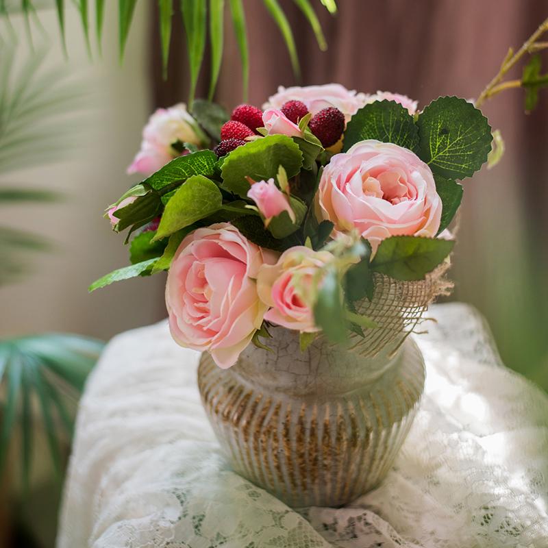 A beautiful 7-inch tall artificial silk raspberry rose bouquet featuring pink roses and raspberry accents, perfect for romantic decor.