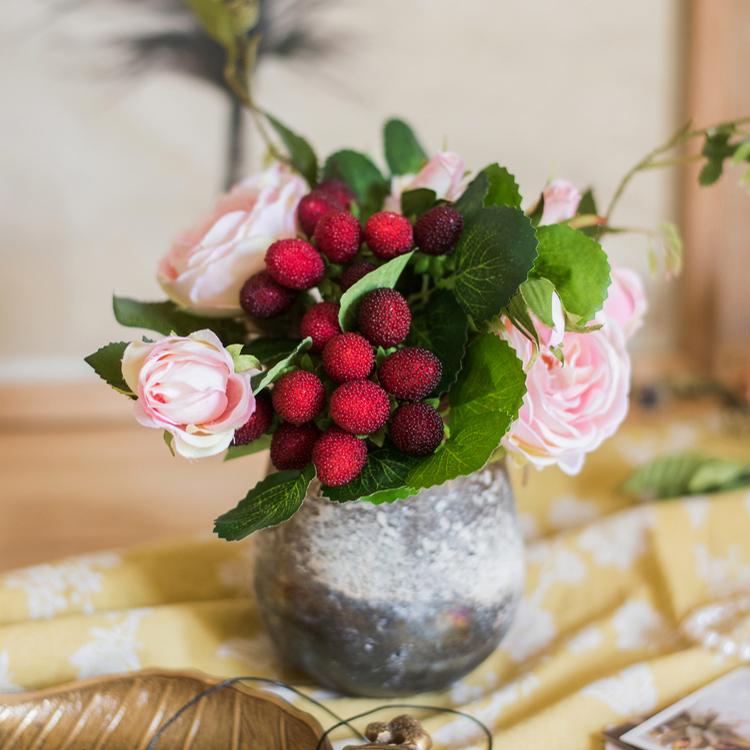 A beautiful 7-inch tall artificial silk raspberry rose bouquet featuring pink roses and raspberry accents, perfect for romantic decor.