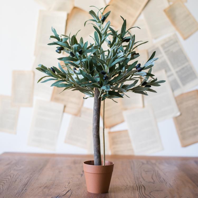 A realistic 24-inch tall artificial small olive tree in a decorative pot, featuring lush green leaves and a natural appearance.