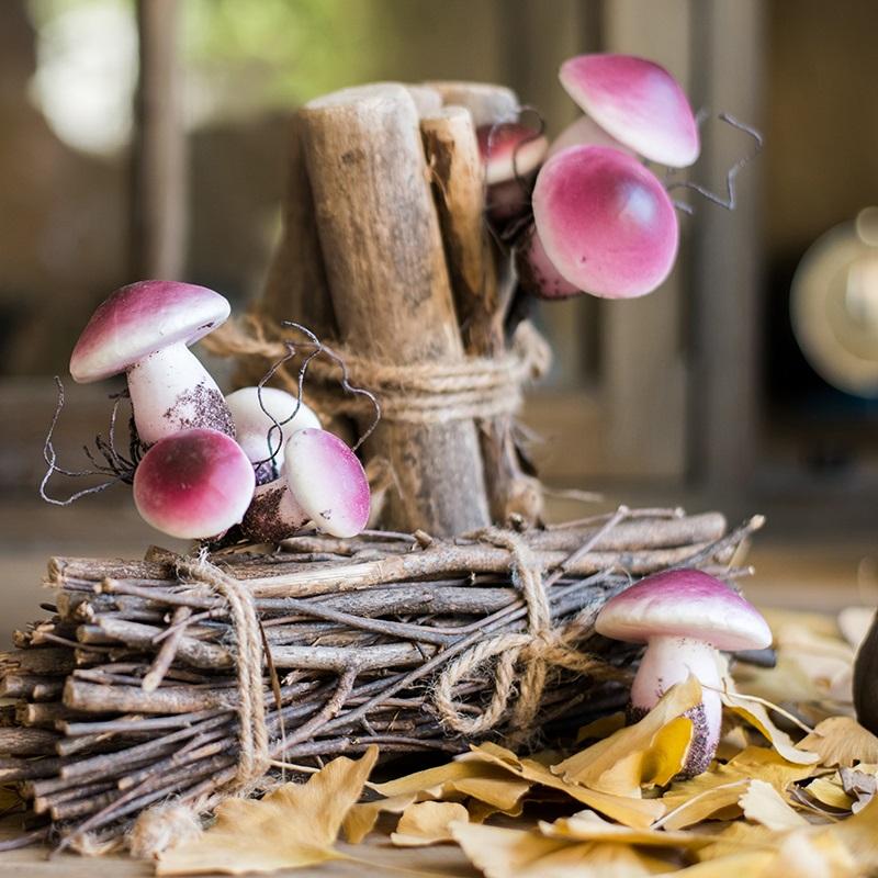 A vibrant artificial veggie mushroom, 4.7 inches tall, featuring a realistic design in mixed colors of yellow and purple.