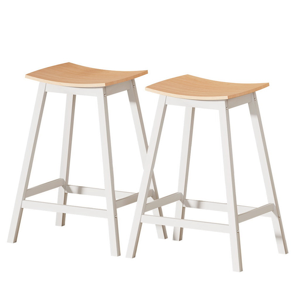 Artiss 2 x Wooden Bar Stools featuring solid pine saddle seats and a durable steel frame, perfect for kitchens and bars.
