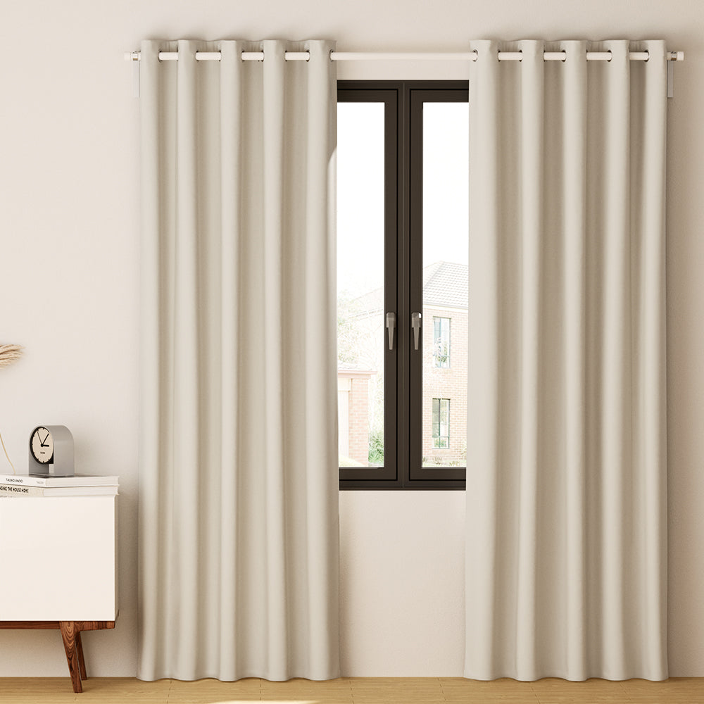 Artiss 2X Blockout Curtains in beige, featuring stainless steel eyelets and soft triple weave fabric, designed for thermal insulation and noise reduction.