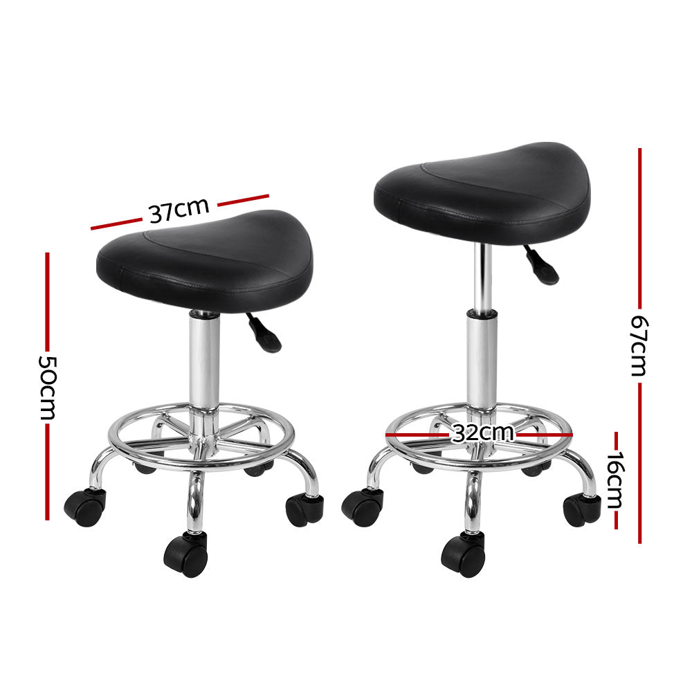 Artiss 2X Saddle Salon Stool in black PU leather with chrome iron base, featuring a comfortable saddle seat and five smooth castor wheels.