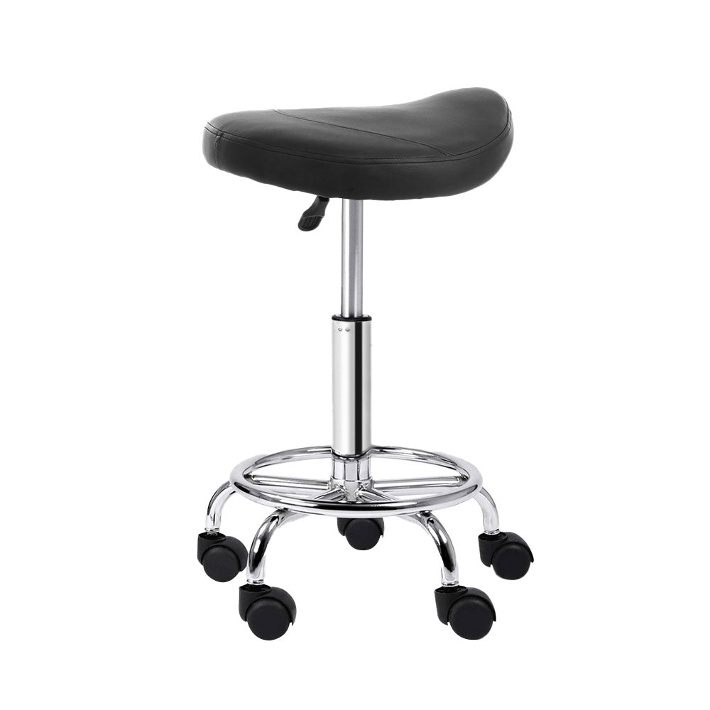 Artiss 2X Saddle Salon Stool in black PU leather with chrome iron base, featuring a comfortable saddle seat and five smooth castor wheels.
