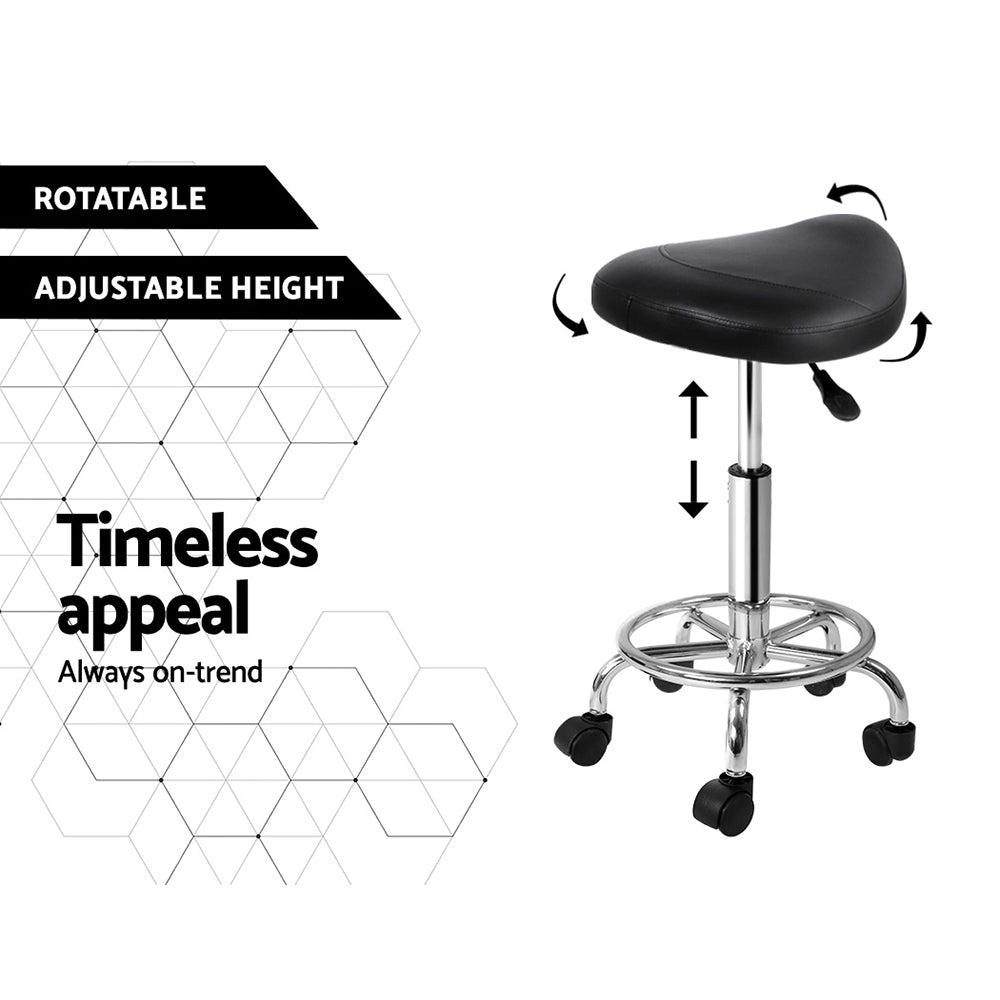 Artiss 2X Saddle Salon Stool in black PU leather with chrome iron base, featuring a comfortable saddle seat and five smooth castor wheels.