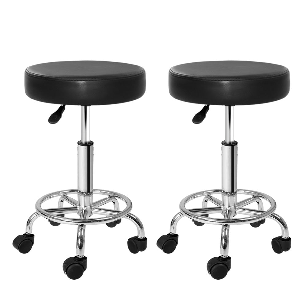 Artiss 2X Salon Stool featuring a round swivel design with PU leather upholstery and chrome iron base, ideal for salons and modern workspaces.