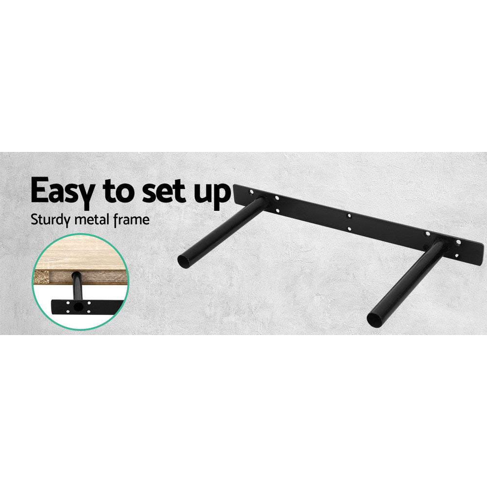 Artiss 3pcs Wall Floating Shelf Set in oak finish, showcasing three shelves of varying lengths mounted on a wall, displaying books and decorative items.