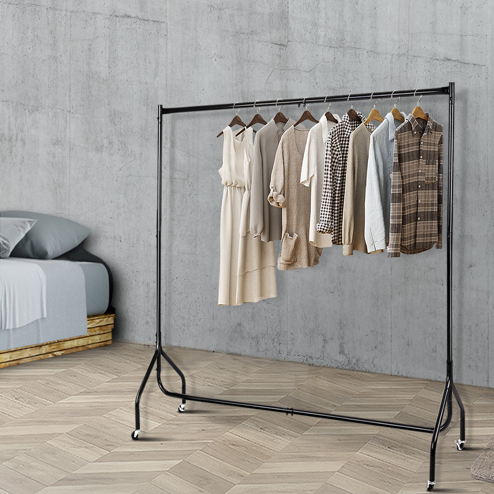 Artiss 6FT Metal Garment Display Rack in black, showcasing its sturdy design and rolling castors for easy mobility.