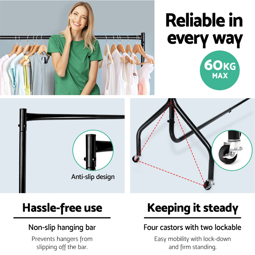 Artiss 6FT Metal Garment Display Rack in black, showcasing its sturdy design and rolling castors for easy mobility.