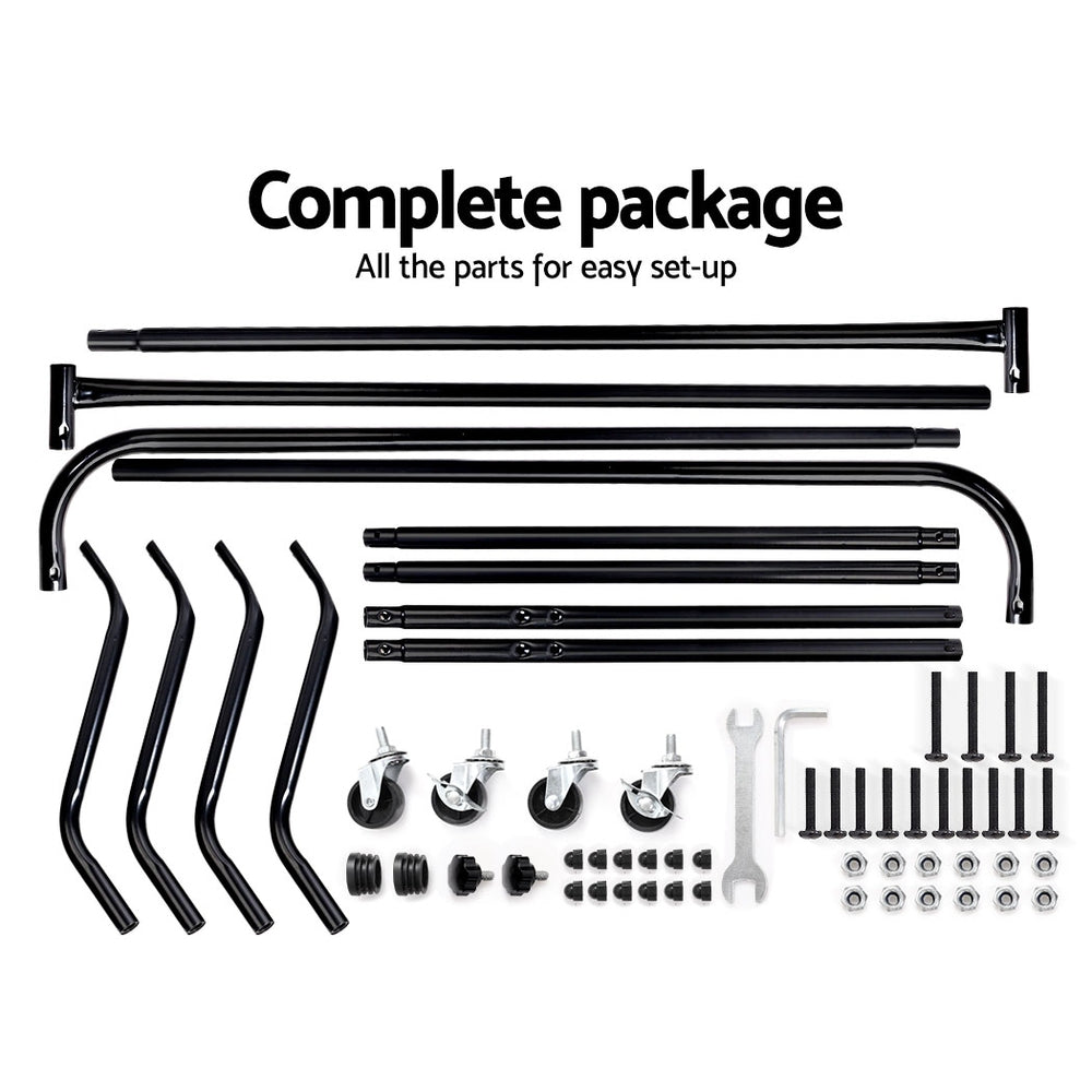 Artiss 6FT Metal Garment Display Rack in black, showcasing its sturdy design and rolling castors for easy mobility.