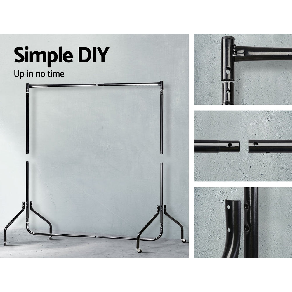 Artiss 6FT Metal Garment Display Rack in black, showcasing its sturdy design and rolling castors for easy mobility.